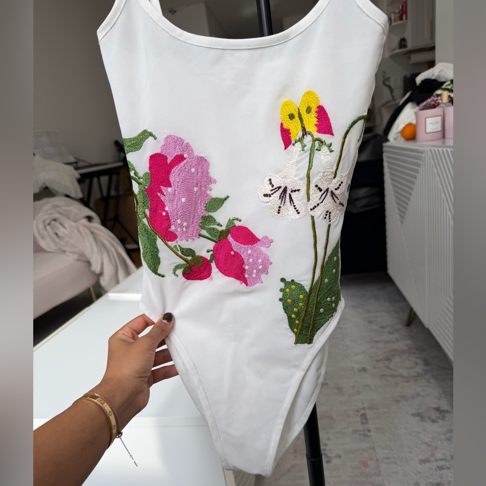 Cynthia Rowley Floral Embroidered White Bodysuit